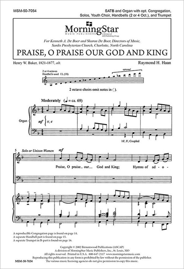 Raymond H. Haan&nbsp;&nbsp;Praise, O Praise Our God and King&nbsp;&nbsp;SATB, opt. Congr.,ists, Children's Choir, Organ, Handbells, Trumpet