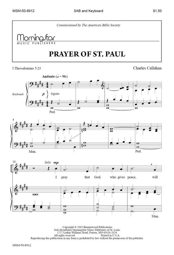 Charles Callahan&nbsp;&nbsp;Prayer of St. Paul&nbsp;&nbsp;SAB, Keyboard