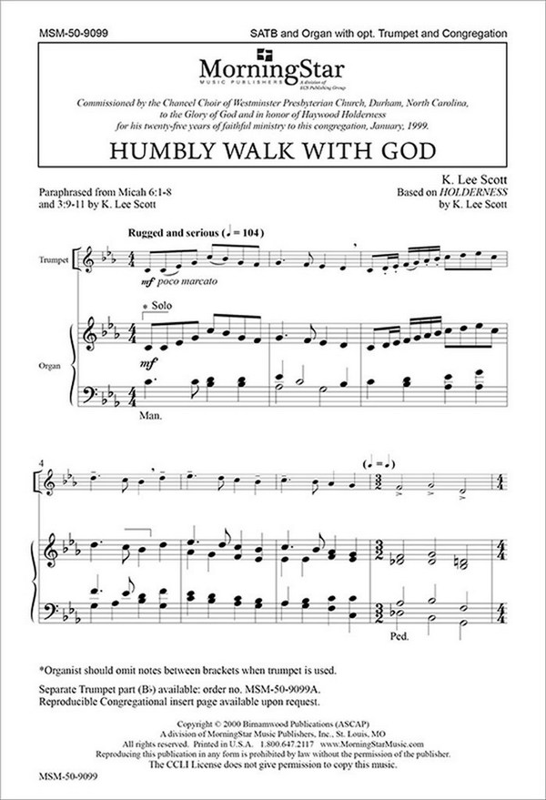 K. Lee Scott&nbsp;&nbsp;Humbly Walk with God&nbsp;&nbsp;SATB, Congregation, Organ, opt. Trumpet (CHORAL SCORE)