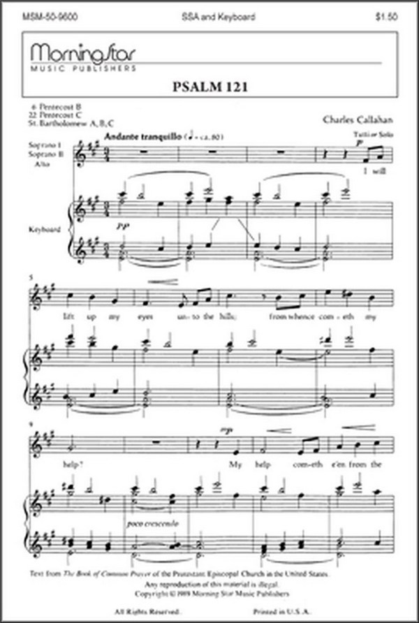 Charles Callahan&nbsp;&nbsp;Psalm 121&nbsp;&nbsp;SSA , Keyboard [Organ or Piano]