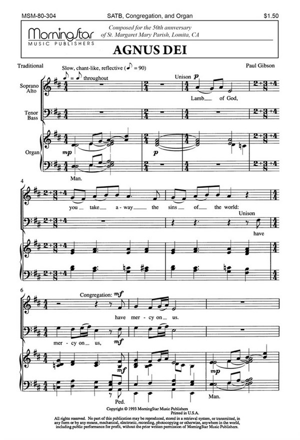 Paul Gibson&nbsp;&nbsp;Agnus Dei&nbsp;&nbsp;SATB, Congregation and Organ