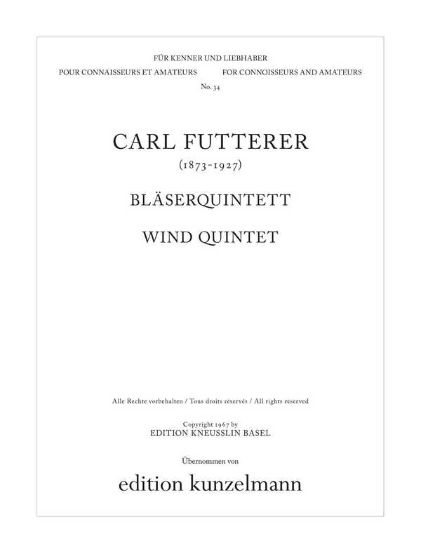 Quintett B-Dur&nbsp;&nbsp;für Flöte, Oboe, Klarinette, Horn und Fagott&nbsp;&nbsp;Partitur und Stimmen