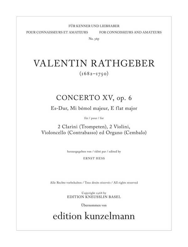 Konzert Es-Dur op.6,15  für 2 Clarini (Trompeten), 2 Violinen, Violoncello und Orgel  Partitur