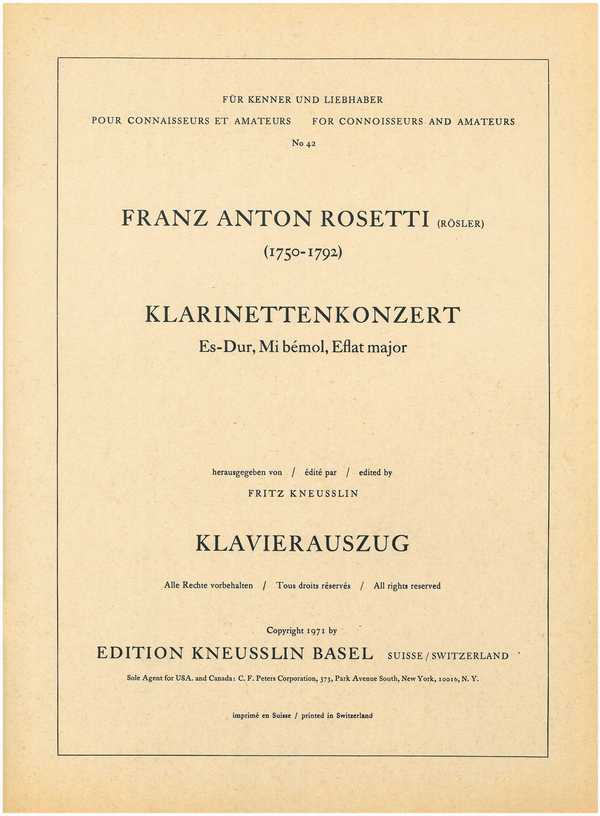 Konzert Es-Dur Nr.1   für Klarinette und Orchester  Klavierauszug mit Solostimme