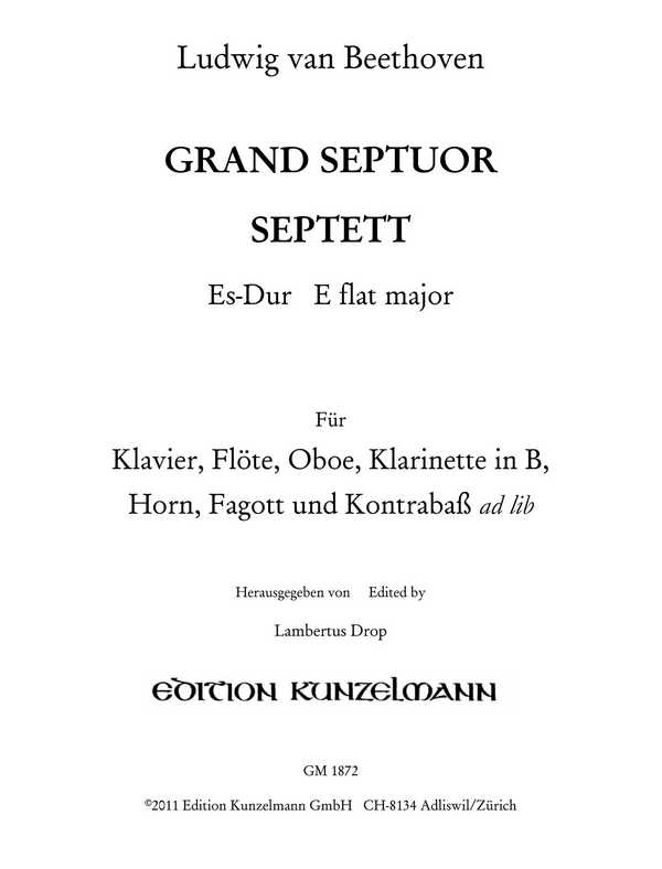 Septett Es-Dur op.20&nbsp;&nbsp;für Flöte, Oboe, Klarinette, Horn, Fagott, Klavier und Kontrabass&nbsp;&nbsp;Stimmensatz