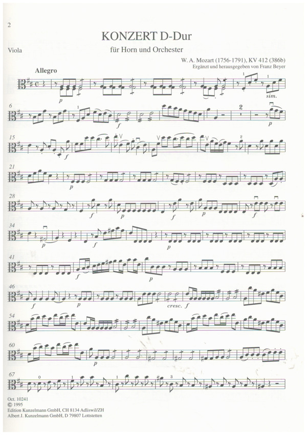 Konzert D-Dur KV412&nbsp;&nbsp;für Horn und Orchester&nbsp;&nbsp;Viola