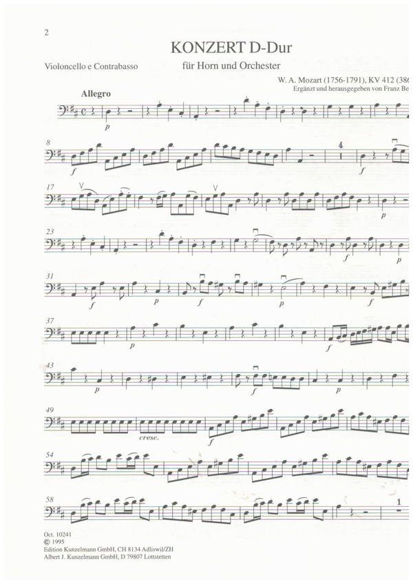 Konzert D-Dur KV412&nbsp;&nbsp;für Horn und Orchester&nbsp;&nbsp;Cello / Bass