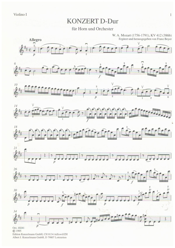 Konzert D-Dur KV412&nbsp;&nbsp;für Horn und Orchester&nbsp;&nbsp;Violine 1