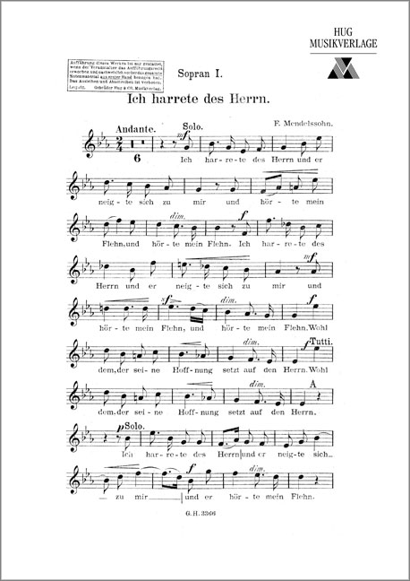 Ich harrete des Herrn&nbsp;&nbsp;für Frauenchor und Klavier (Violoncello ad lib)&nbsp;&nbsp;Sopran 1