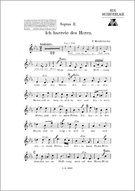 Ich harrete des Herrn&nbsp;&nbsp;für Frauenchor und Klavier (Violoncello ad lib)&nbsp;&nbsp;Sopran 2