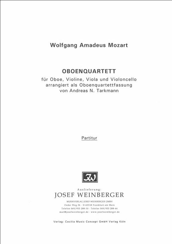 Oboenquartett KV Anh.294&nbsp;&nbsp;für Oboe und Streichtrio&nbsp;&nbsp;Partitur und Stimmen
