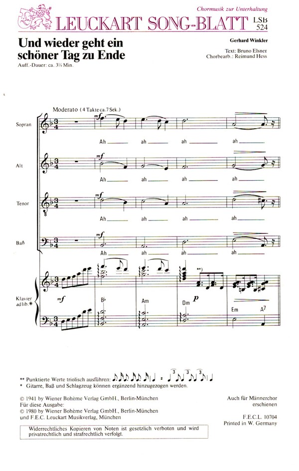 Und wieder geht ein schöner Tag zu Ende  für gem Chor und Klavier ad lib  Chorpartitur