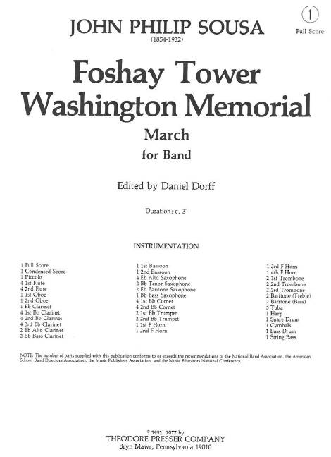 John Philip Sousa Foshay Tower Washington Memorial&nbsp;&nbsp;sinfonisches Blasorchester&nbsp;&nbsp;Partitur