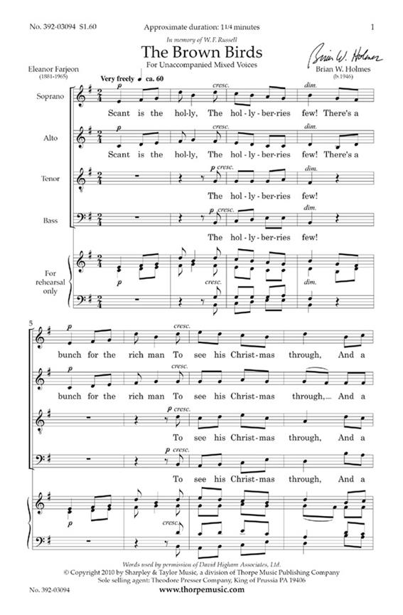 Brian Holmes The Brown Birds&nbsp;&nbsp;&nbsp;&nbsp;Chorpartitur