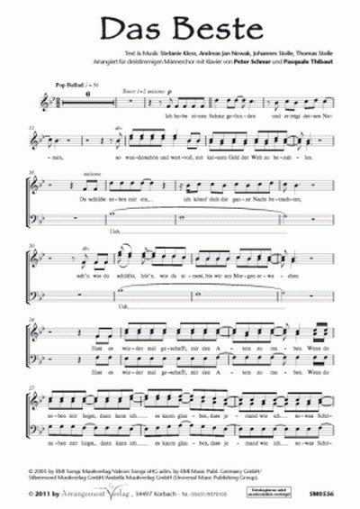 Kloss/Nowak/Stolle Das Beste (vierstimmig)&nbsp;&nbsp;für TTB und Klavier&nbsp;&nbsp;Singpartitur