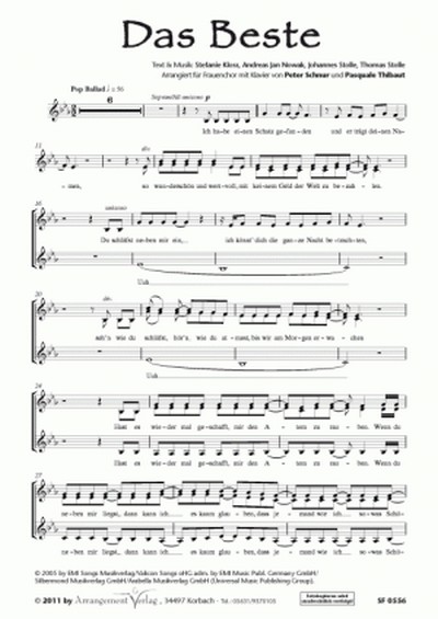 Kloss/Nowak/Stolle Das Beste&nbsp;&nbsp;für SSA und Klavier&nbsp;&nbsp;Singpartitur