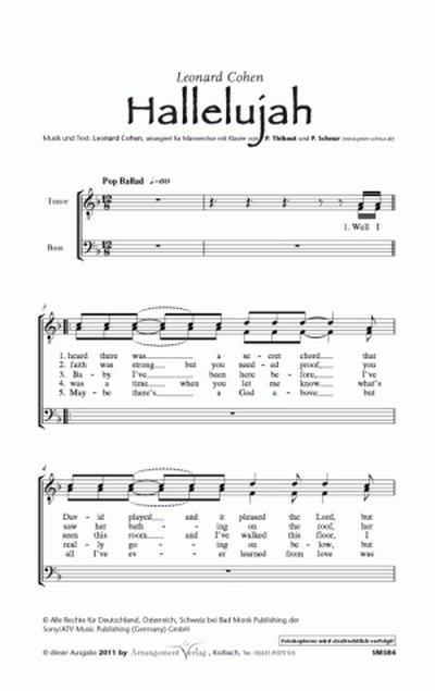 Leonard Cohen Hallelujah!  (vierstimmig)&nbsp;&nbsp;für TTBB und Klavier&nbsp;&nbsp;Singpartitur
