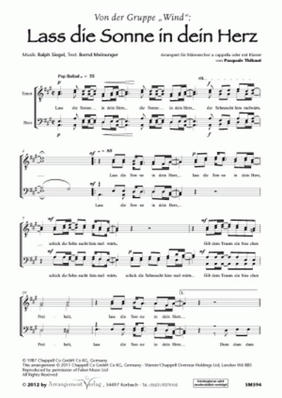 Ralph Siegel, Bernd Meinunger Lass die Sonne in dein Herz (vierstimm&nbsp;&nbsp;für TTBB und Klavier&nbsp;&nbsp;Singpartitur