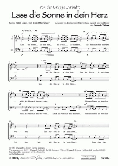 Ralph Siegel, Bernd Meinunger Lass die Sonne in dein Herz (dreistimm&nbsp;&nbsp;für TTB und Klavier&nbsp;&nbsp;Singpartitur