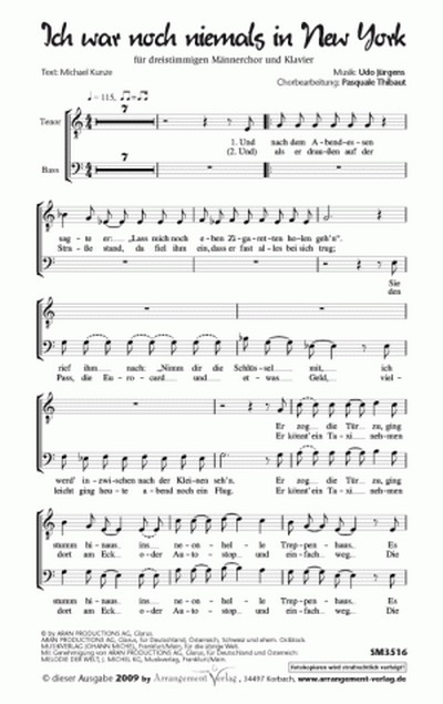 bearbeitet von Pasquale Thibaut Ich war noch niemals in New York (Dr  für TBB und Klavier  Singpartitur
