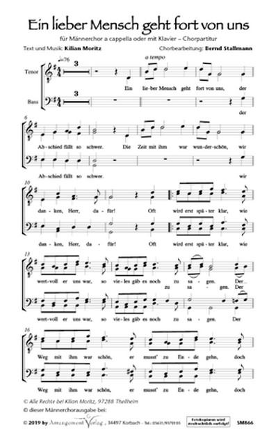 Kilian Moritz Ein lieber Mensch geht fort von uns (vierstimmig)&nbsp;&nbsp;für SATB und Klavier oder a cappella&nbsp;&nbsp;Singpartitur