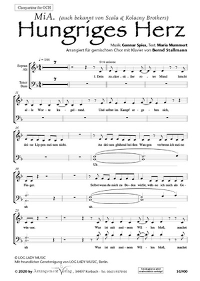 Gunnar Spies, Maria Mummert Hungriges Herz (vierstimmig)&nbsp;&nbsp;für SATB und Klavier&nbsp;&nbsp;Singpartitur