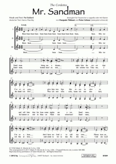 Pat Ballard Mr. Sandman&nbsp;&nbsp;für SSA und Klavier&nbsp;&nbsp;Singpartitur