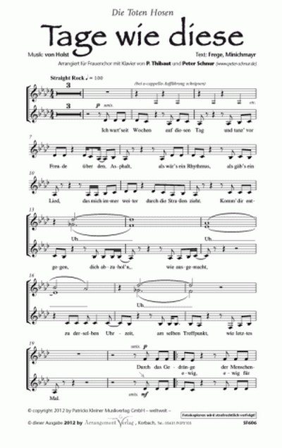 von Holst, Frege, Minichmayr Tage wie diese&nbsp;&nbsp;für SSA und Klavier&nbsp;&nbsp;Singpartitur