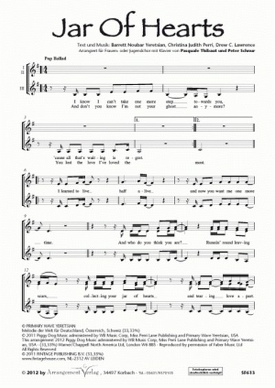 Perri/Yeretsian/Lawrence Jar of Hearts&nbsp;&nbsp;für SSA und Klavier&nbsp;&nbsp;Singpartitur