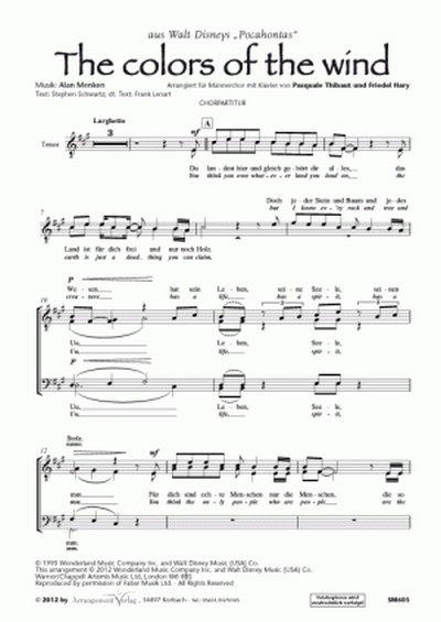 Menken, Schwartz, Lenart The Colors Of The Wind (vierstimmig)&nbsp;&nbsp;für TTBB und Klavier&nbsp;&nbsp;Singpartitur