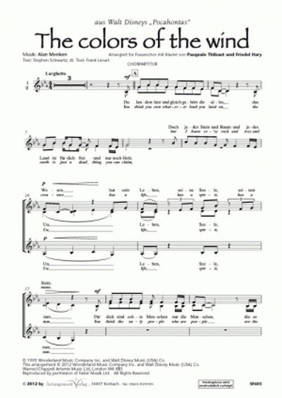 Menken, Schwartz, Lenart The Colors Of The Wind&nbsp;&nbsp;für SSA und Klavier&nbsp;&nbsp;Singpartitur
