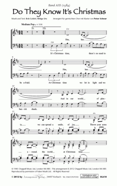 Bob Geldof, Midge Ure Do They Know It's Christmas (vierstimmig)  für SATB und Klavier  Singpartitur