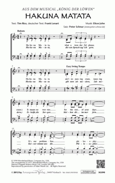 Elton John, Tim Rice, Frank Lenart Hakuna Matata (vierstimmig)  für SATB und Klavier  Singpartitur