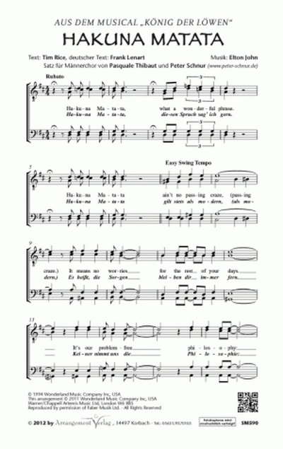 Elton John, Tim Rice, Frank Lenart Hakuna Matata (vierstimmig)  für TTBB und Klavier  Singpartitur