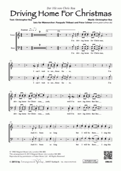 Chris Rea Driving Home For Christmas (vierstimmig)  für TTBB und Klavier  Singpartitur