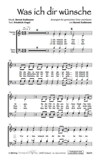 Bernd Stallmann, Friedrich Vogel Was ich dir wünsche  für SSA und Klavier  Singpartitur