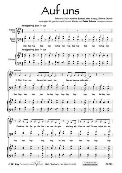 Bourani, Hartog, Olbrich Auf uns! (vierstimmig)  für TTBB mit Klavier  Singpartitur