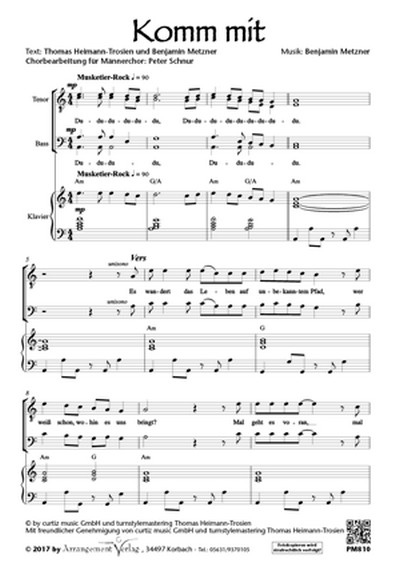 Benjamin Metzner, Thomas Heimann-Trosien Komm mit (vierstimmig)  für TTBB und Klavier  Singpartitur