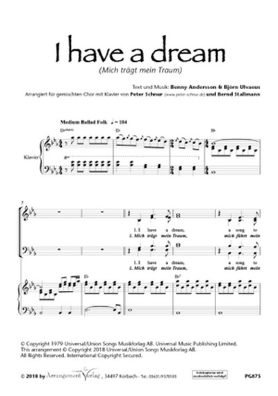 Benny Andersson, Björn Ulvaeus Mich trägt mein Traum (I Have A Dream  für TTBB und Klavier  Singpartitur