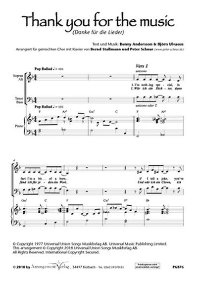 Benny Andersson, Björn Ulvaeus Danke für die Lieder / Thank You For  für SAM und Klavier  Singpartitur