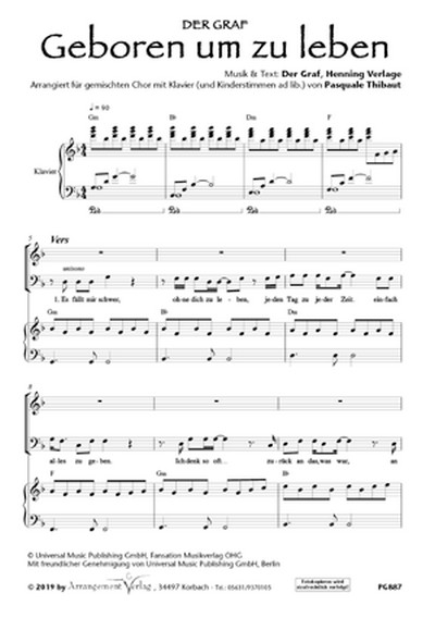 Der Graf, Henning Verlage Geboren um zu leben! (vierstimmig)  für SATB und Klavier  Singpartitur