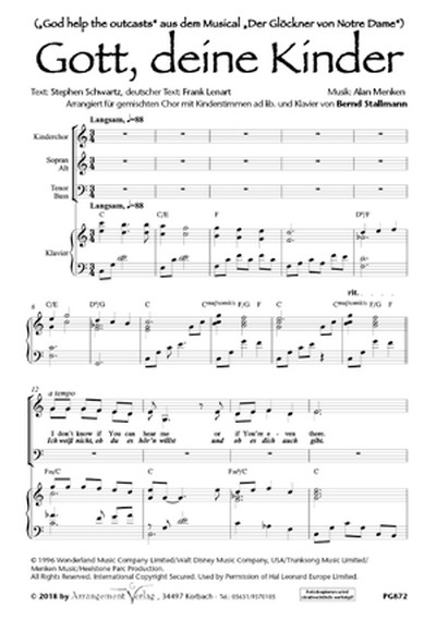 Alan Menken, engl.  Gott, deine Kinder / God help the outcasts  für SSA und Kinderstimmen und Klavier  Singpartitur