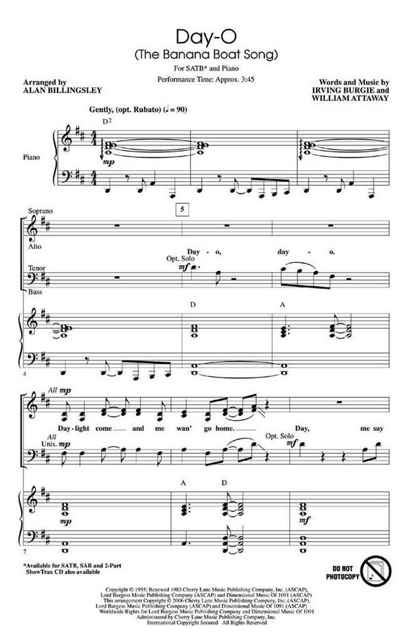 Day-O (The Banana Boat Song)  for mixed chorus and piano  chorus score