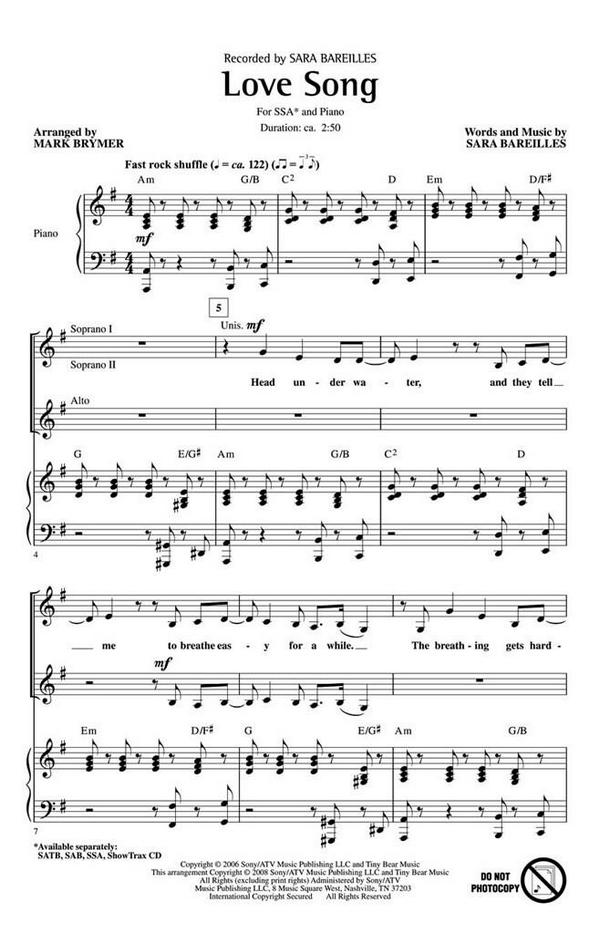 Sara Bareilles Love Song&nbsp;&nbsp;SSA and Piano&nbsp;&nbsp;Chorpartitur