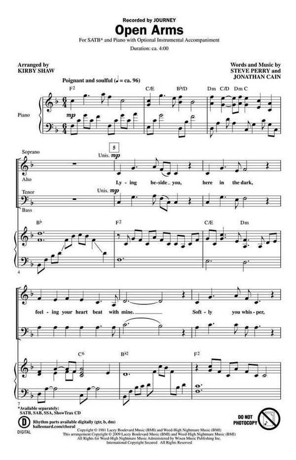 Jonathan Cain_Steve Perry Open Arms&nbsp;&nbsp;SATB&nbsp;&nbsp;Chorpartitur