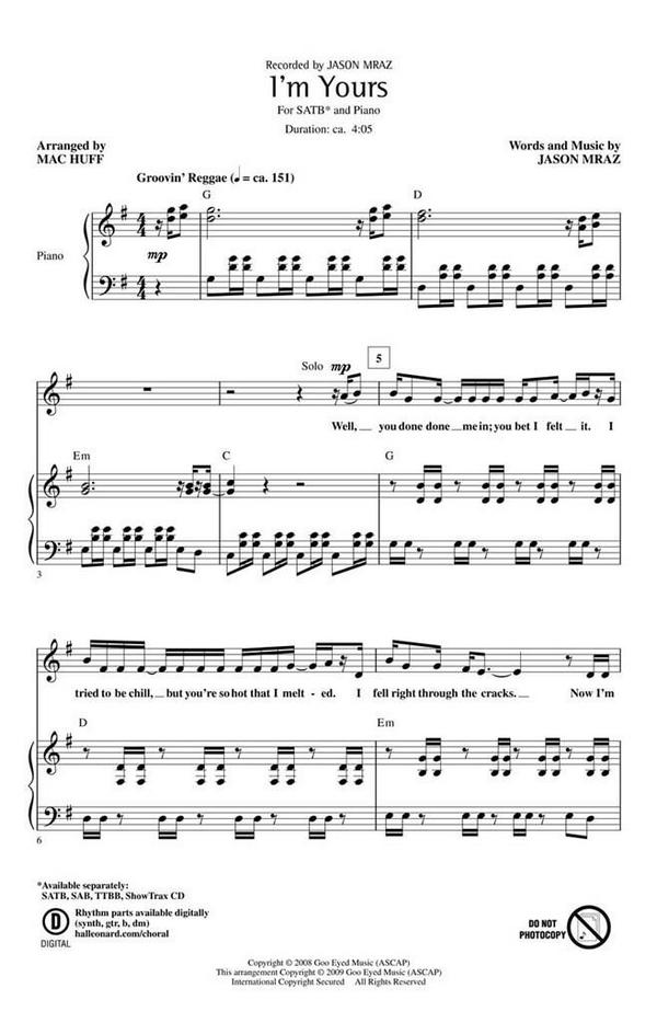 Jason Mraz I'm Yours  SATB  Chorpartitur