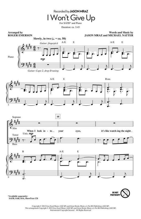 Jason Mraz_Michael Natter I Won't Give Up  SATB and Piano  Chorpartitur