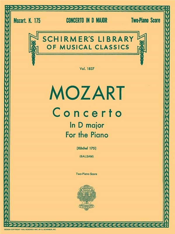 Concerto in D No.5  KV175&nbsp;&nbsp;for 2 pianos&nbsp;&nbsp;2 piano score