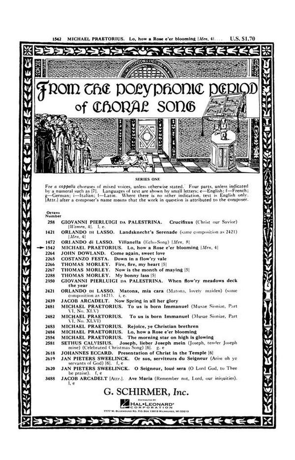 Michael Praetorius, Lo How A Rose E're Blooming From 13th Century&nbsp;&nbsp;TTBB a Cappella&nbsp;&nbsp;Chorpartitur