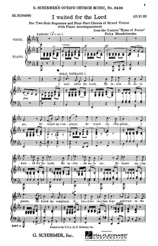 Felix Mendelssohn Bartholdy, I Waited For The Lord&nbsp;&nbsp;Solo S + SATB&nbsp;&nbsp;Chorpartitur